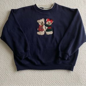 VTG Classic Elements Sweatshirt Women Large Blue Bear Double Collar Embroidered